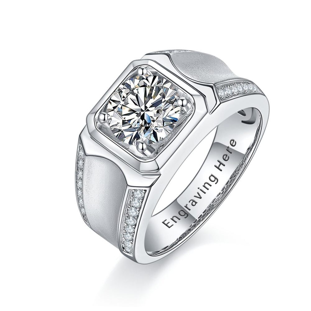 14K White Gold Princess Cut Shaped Moissanite Personalized Engraving & Engagement Ring for Men-1