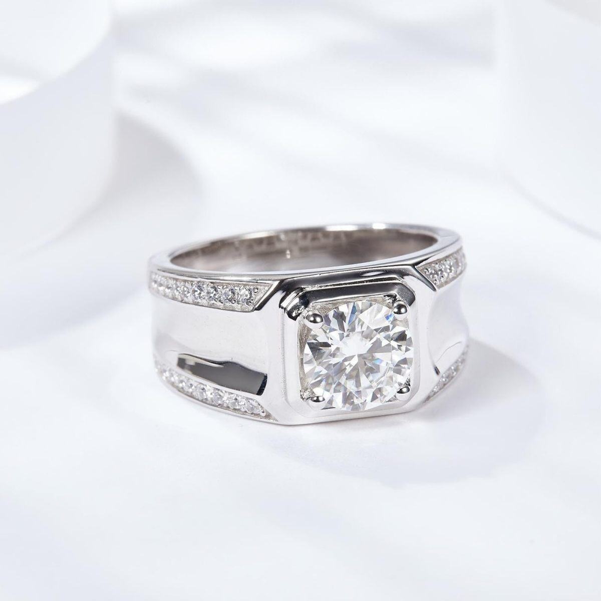 10K White Gold Princess-square Shaped Moissanite Personalized Engraving & Couple Engagement Ring for Men-5