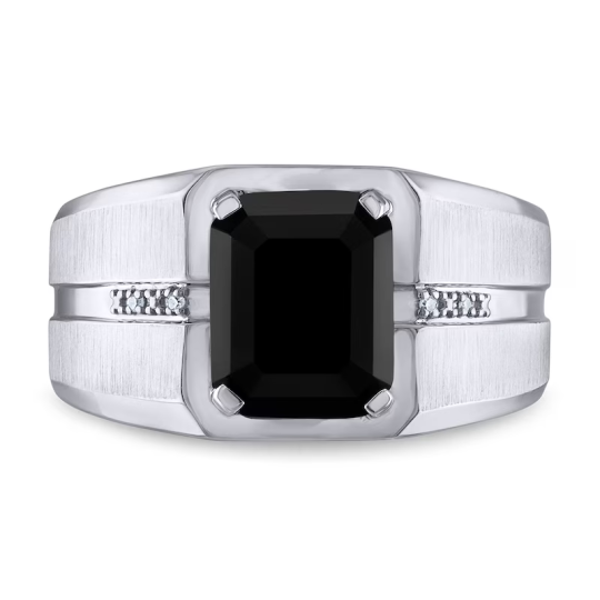 10K White Gold Rectangular Black Onyx and Diamond Custom Accent Wedding Band for Men