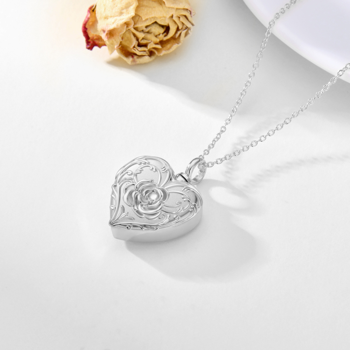 10K White Gold Rose & Heart Urn Necklace for Ashes with Engraved Word-2