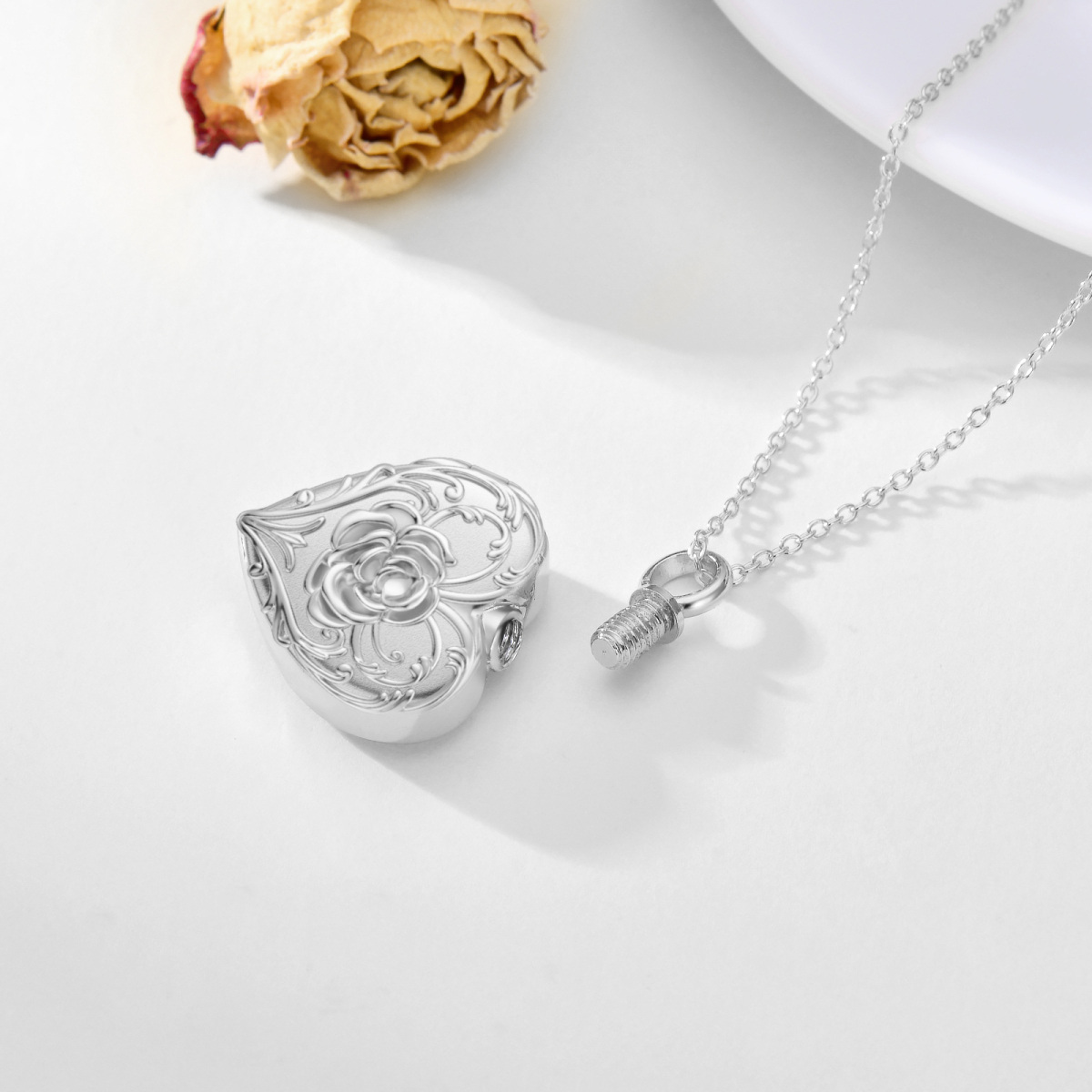 10K White Gold Rose & Heart Urn Necklace for Ashes with Engraved Word-3