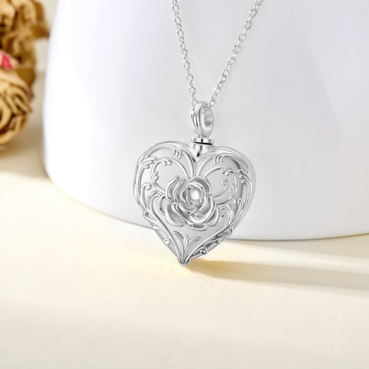 10K White Gold Rose & Heart Urn Necklace for Ashes with Engraved Word-4