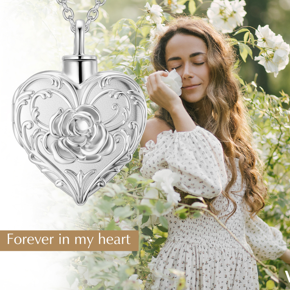 10K White Gold Rose & Heart Urn Necklace for Ashes with Engraved Word-7