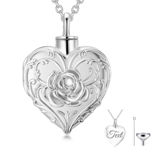 Colar urna com gravura personalizada em ouro branco 10K e coração de rosa para cinzas com palavra gravada
