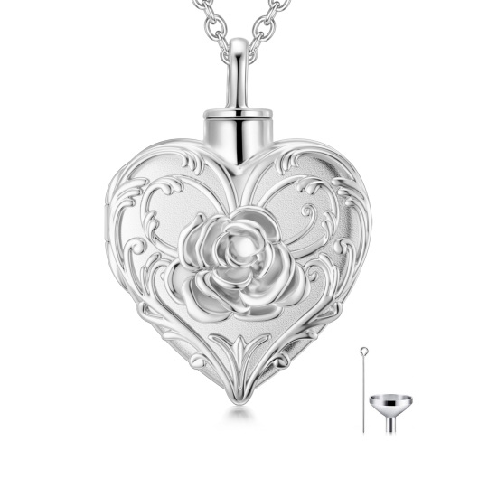 Collier Urne Coeur Rose en Or Blanc 10K pour Cendres avec Mot Gravé