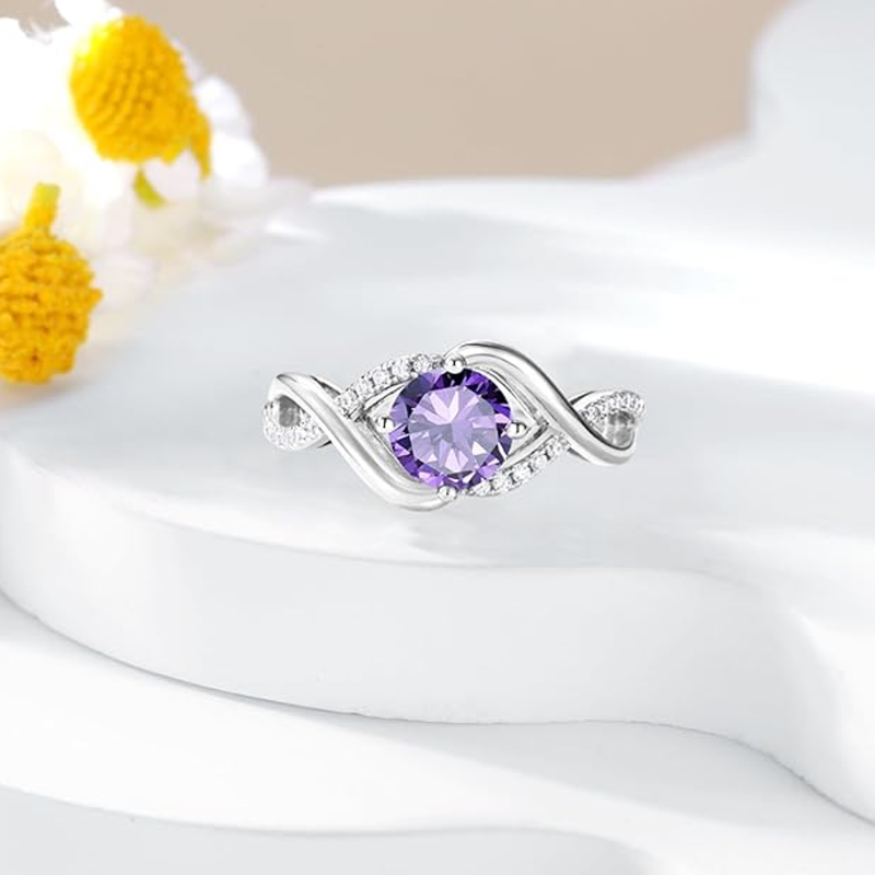 Aliança de casamento personalizada em ouro branco de 10 quilates com corte redondo e símbolo do infinito e do amor eterno para mulher.-3