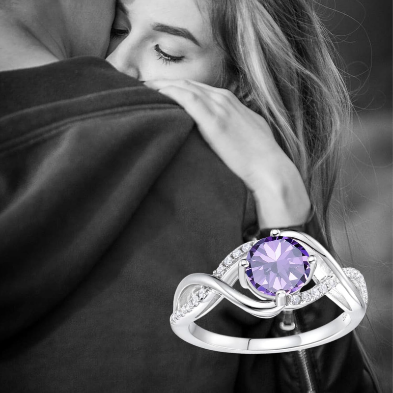 Aliança de casamento personalizada em ouro branco de 10 quilates com corte redondo e símbolo do infinito e do amor eterno para mulher.-4