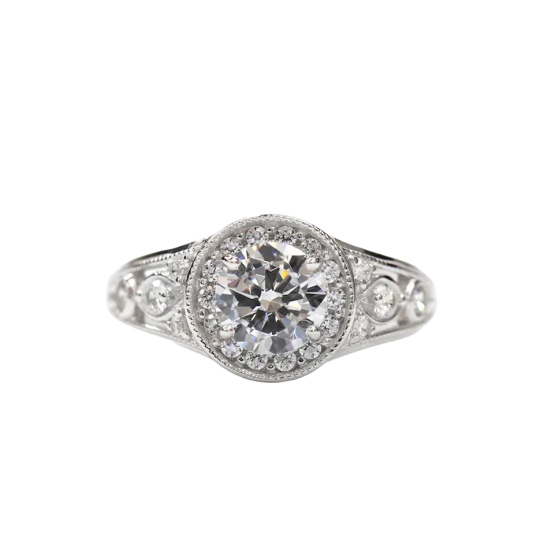 10K White Gold Round Cut Diamond Vintage Halo Filigree Milgrain Band D Color VVS-VS Clarity 3EX IGI Certified