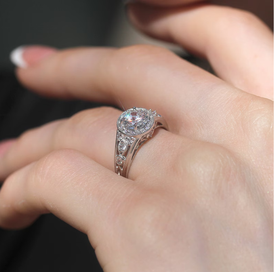 10K White Gold Round Cut Diamond Vintage Halo Filigree Milgrain Band D Color VVS-VS Clarity 3EX IGI Certified-3