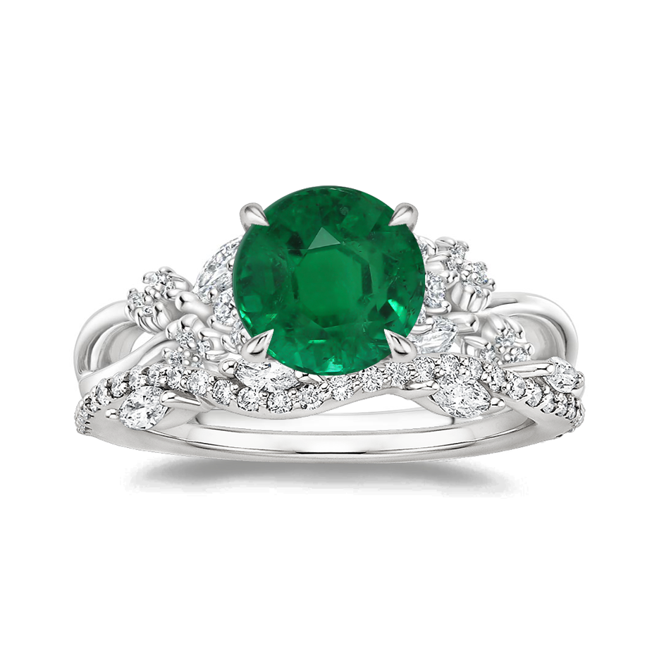 10 Karat Weißgold, Smaragd im Rundschliff, 0,25 Karat, luxuriöses Wickel-Willow-Diamant-Brautset-1