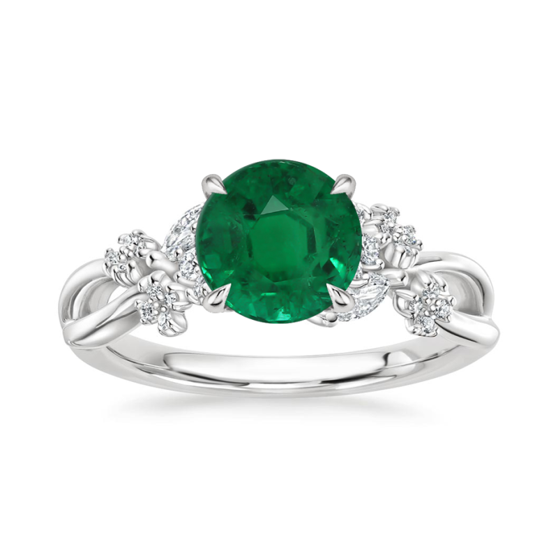 10K White Gold Round Cut Emerald & 0.25 CT.T.W. Luxe Winding Willow Diamond Bridal Set-3