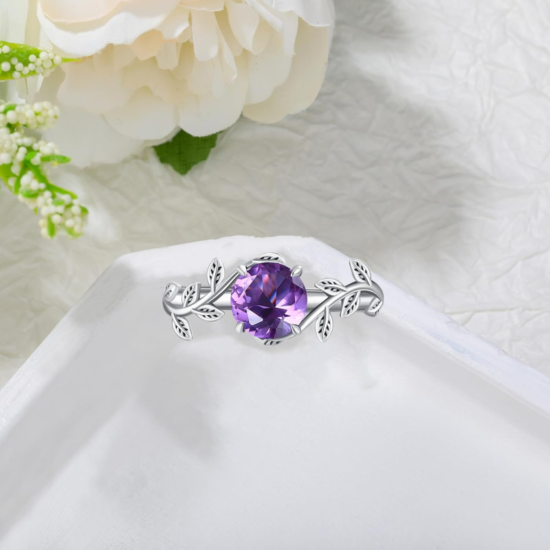 Anillo de compromiso personalizado con piedra preciosa de hiedra de corte redondo en oro blanco de 10 quilates-3
