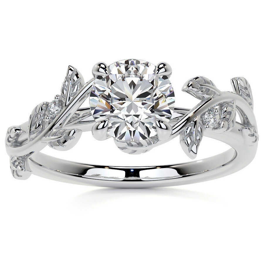Anillo de compromiso de oro blanco de 14 quilates con moissanita de corte redondo y forma de hiedra-1