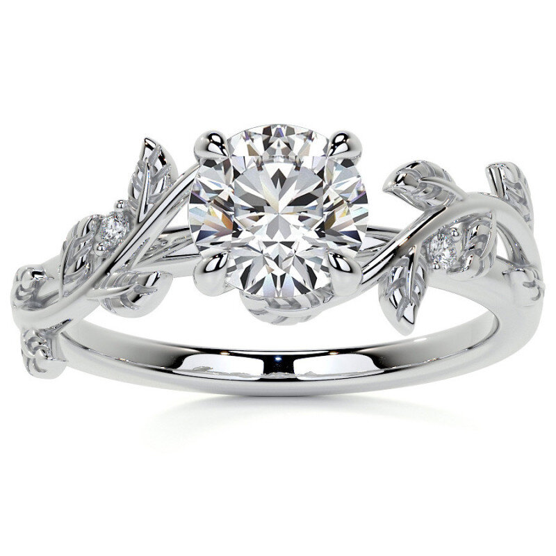 Anillo de compromiso de oro blanco de 10 quilates con moissanita de corte redondo y forma de hiedra-14