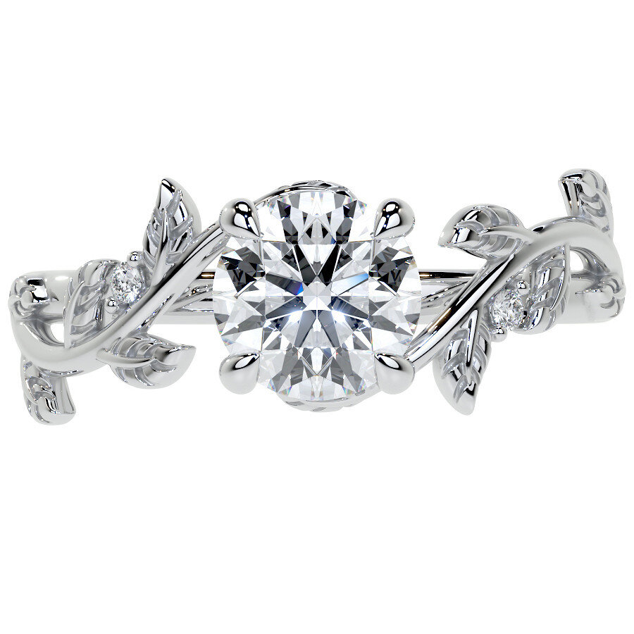 Anillo de compromiso de oro blanco de 14 quilates con moissanita de corte redondo y forma de hiedra-2