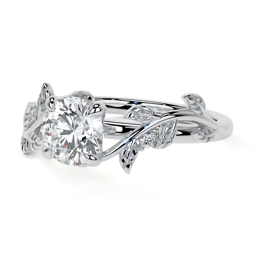 Anillo de compromiso de oro blanco de 14 quilates con moissanita de corte redondo y forma de hiedra-3