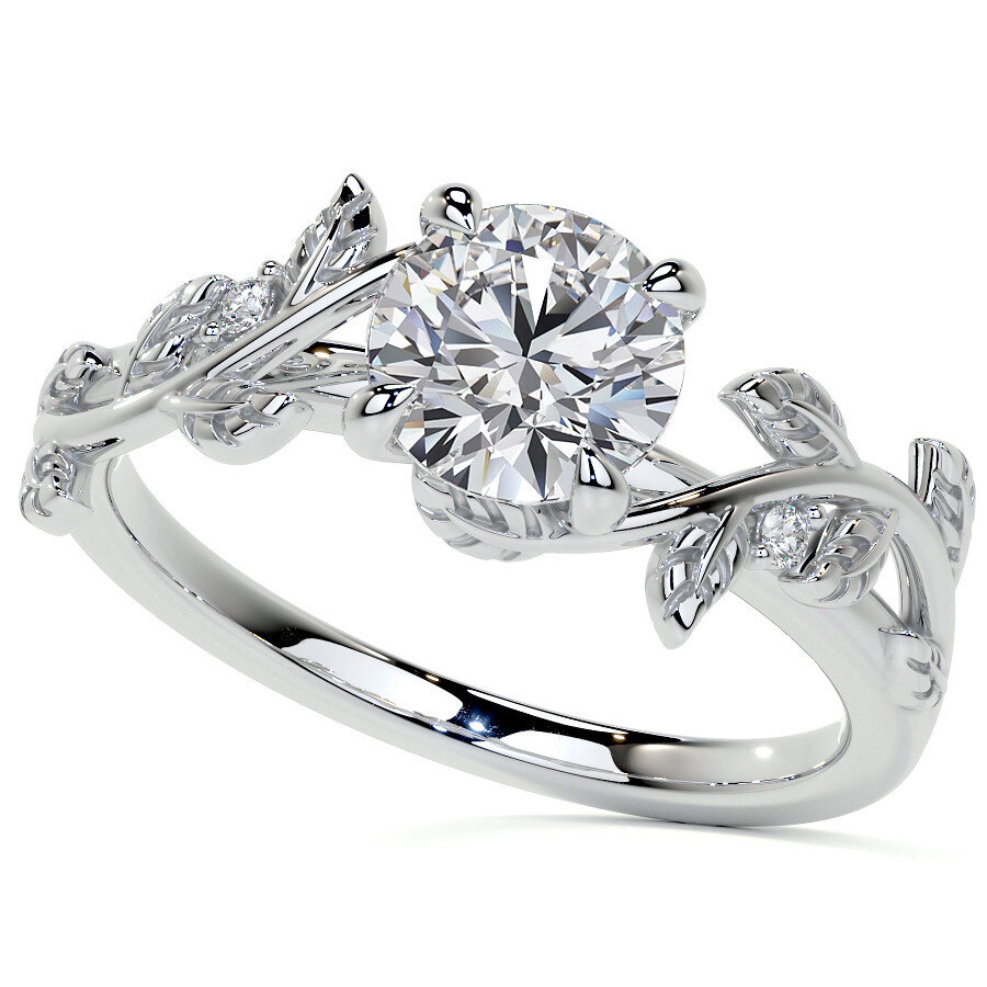 Anillo de compromiso de oro blanco de 14 quilates con moissanita de corte redondo y forma de hiedra-7