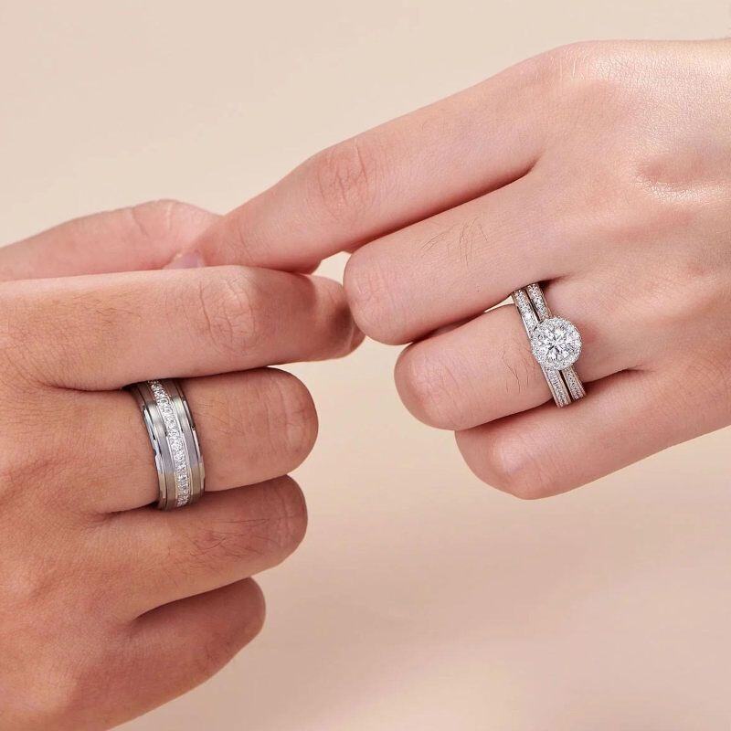 10K White Gold Round Cut Moissanite Couple Rings-2