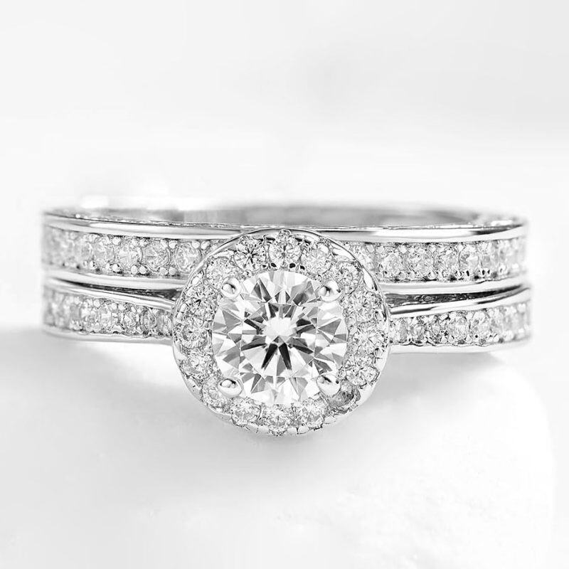 10K White Gold Round Cut Moissanite Couple Rings-3