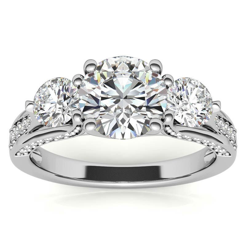 Anillo de compromiso de oro rosa de 10 quilates con tres piedras de moissanita de corte redondo-3