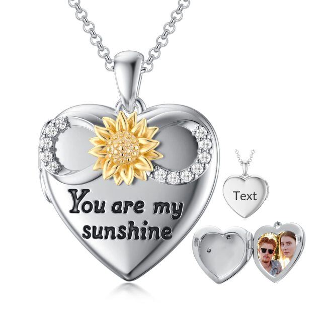 Collana con ciondolo fotografico con incisione personalizzata del cuore del girasole in oro bianco 10K con parola incisa-1