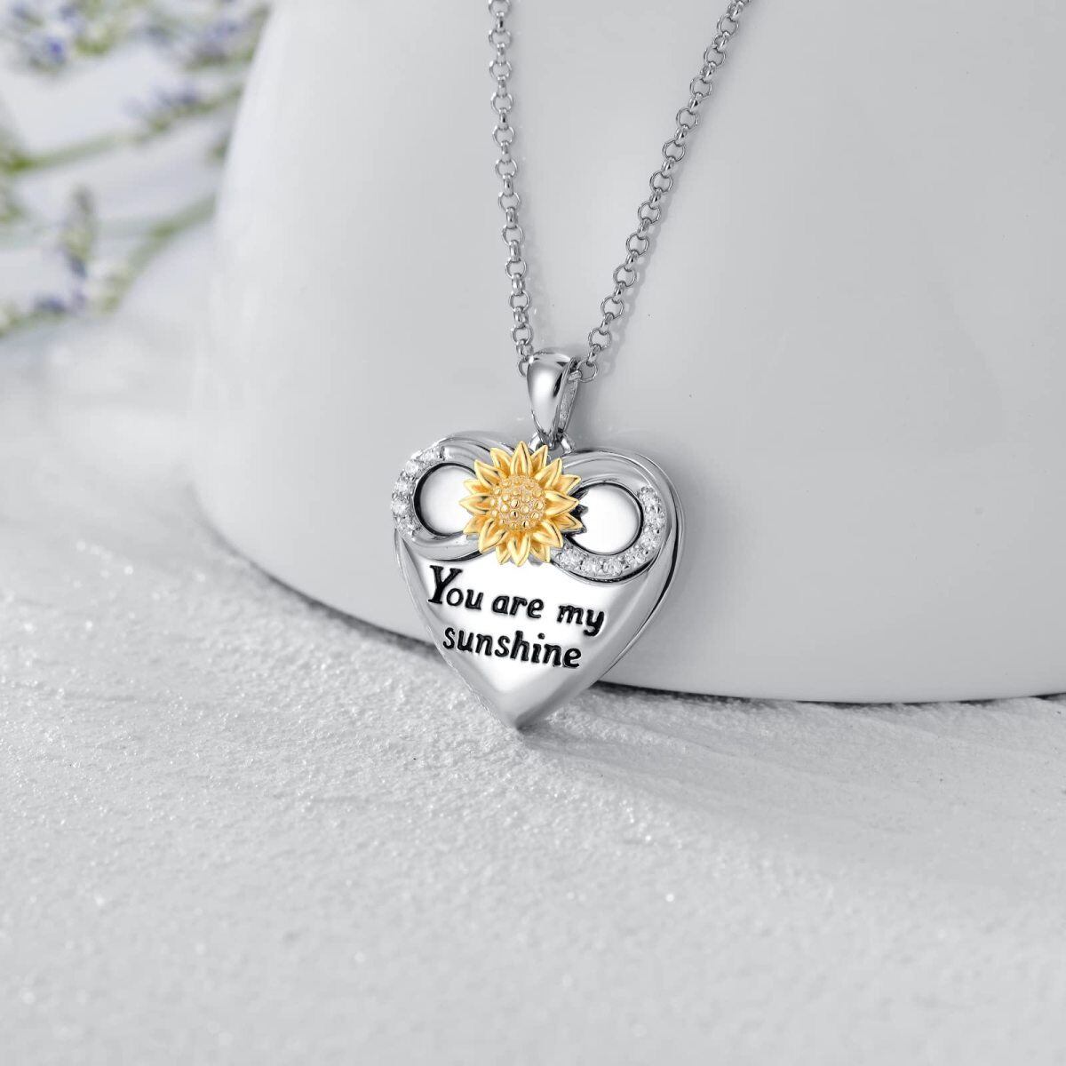 10K White Gold Cubic Zirconia Sunflower Pendant Necklace with Engraved Word-3