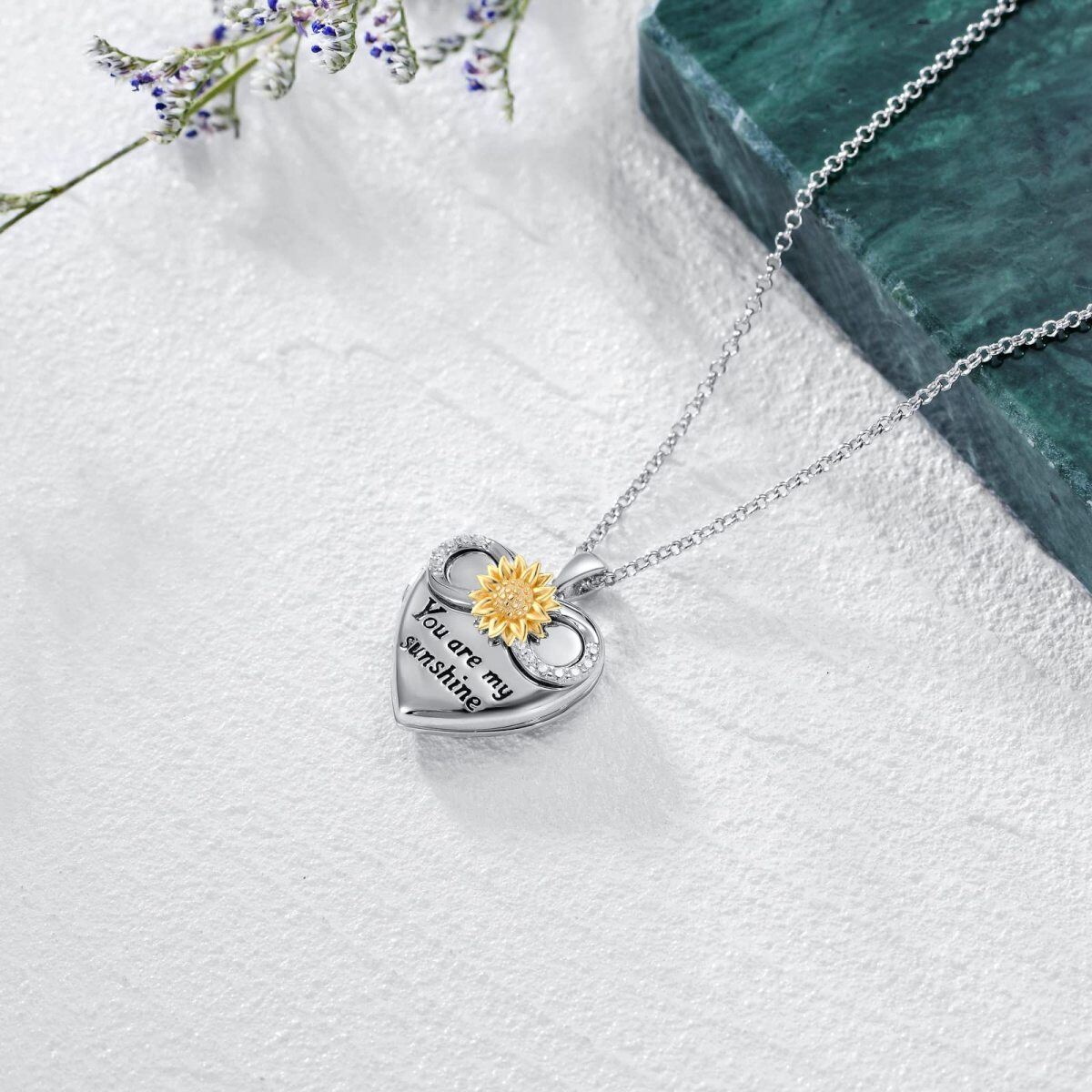 10K Weißgold Cubic Zirkonia Sonnenblume & personalisierte Foto Anhänger Halskette mit eing-4