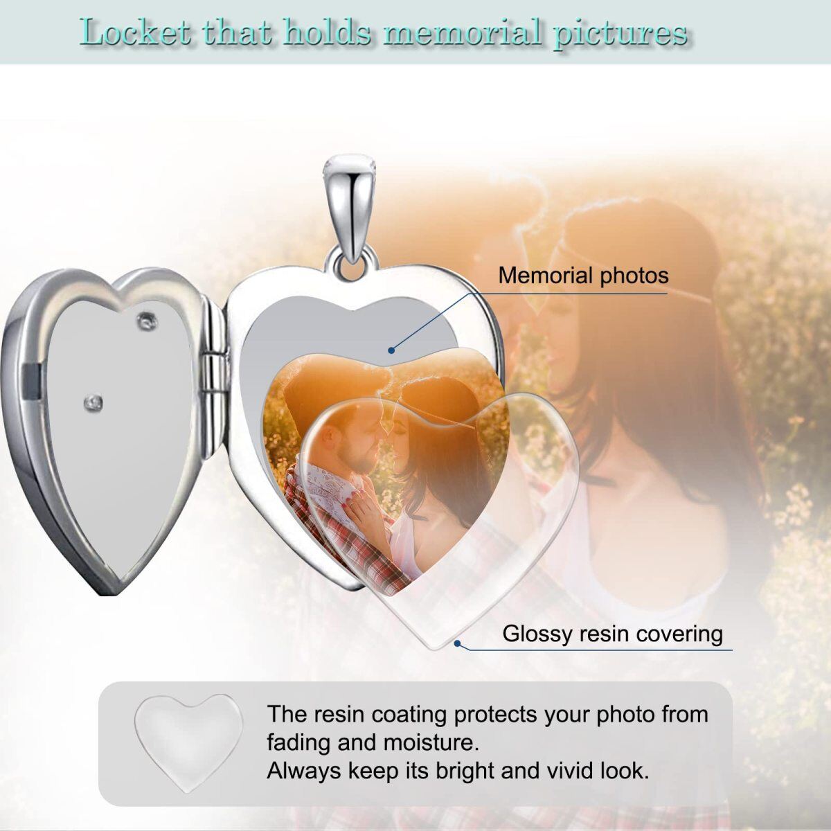 10K White Gold Sunflower Heart Personalized Engraving Photo Pendant Necklace with Engraved Word-5