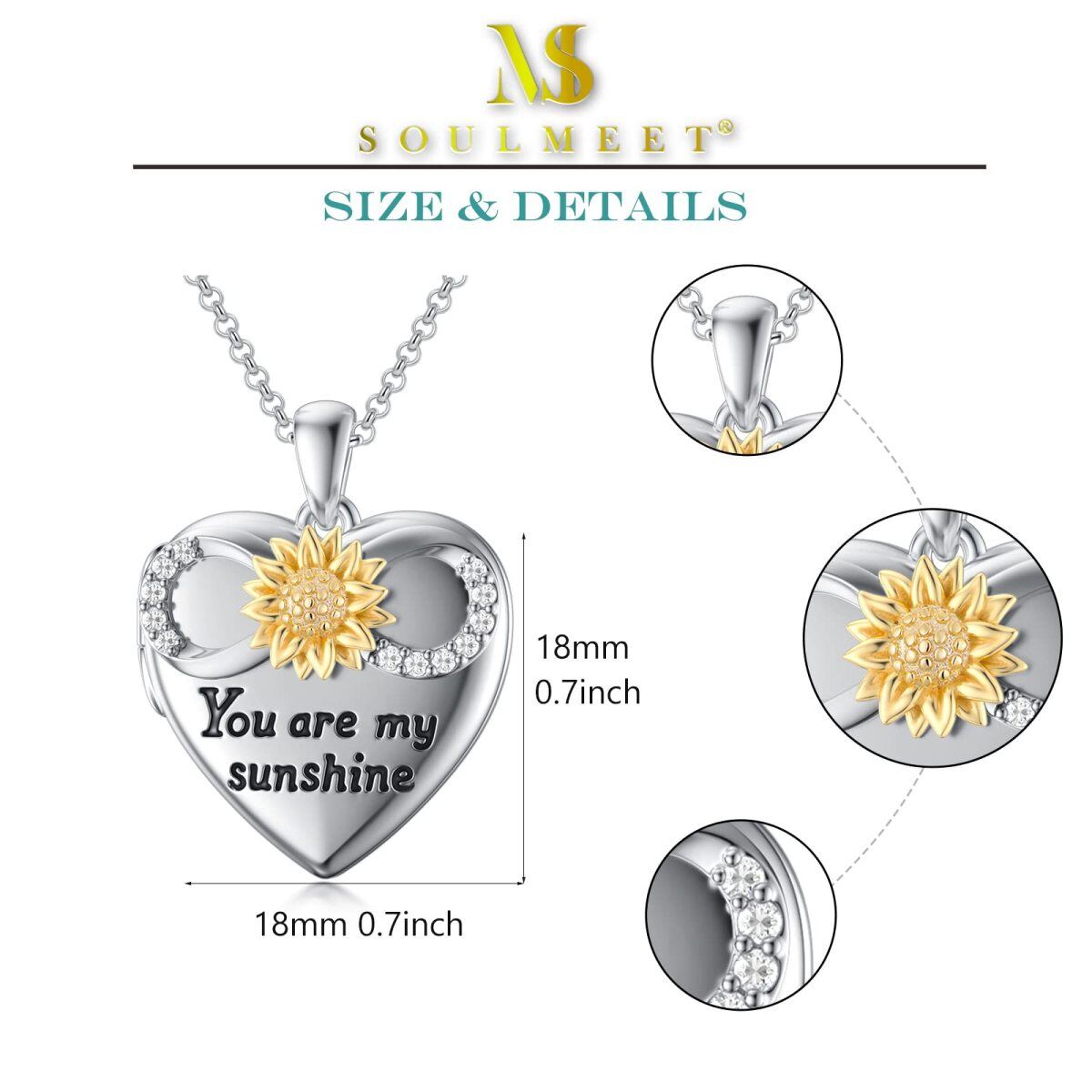 10K White Gold Sunflower Heart Personalized Engraving Photo Pendant Necklace with Engraved Word-6