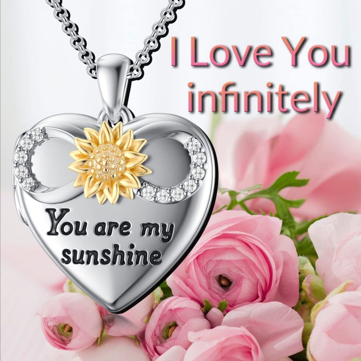 10K White Gold Cubic Zirconia Sunflower Pendant Necklace with Engraved Word-5