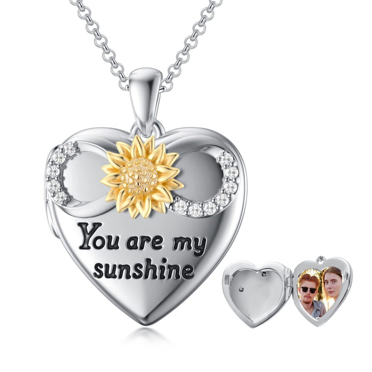 10K White Gold Cubic Zirconia Sunflower & Personalized Photo Pendant Necklace with Engraved Word-1