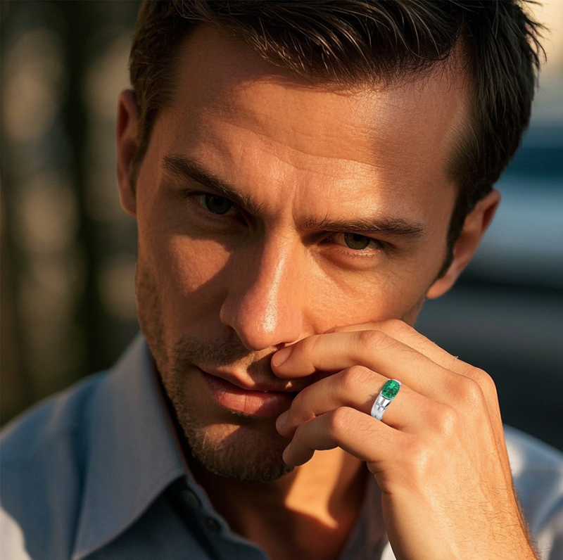 10K White Gold 2 to 7 CT Cushion Cut Emerald Engagement Band for Men-2