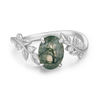 10K White Gold 1 to 5 CT Oval Cut Moss Agate Between the Leaf Engagement Band-15