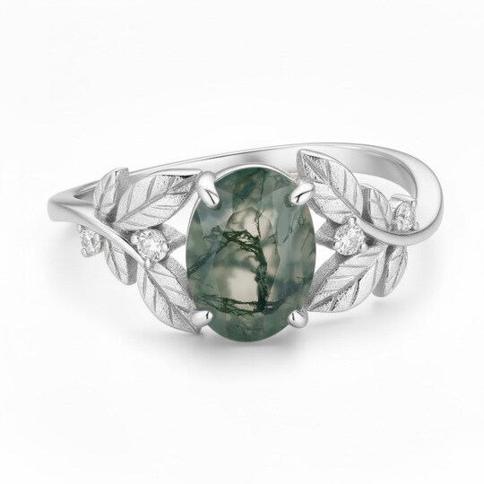 10K White Gold 1 to 5 CT Oval Cut Moss Agate Between the Leaf Engagement Band