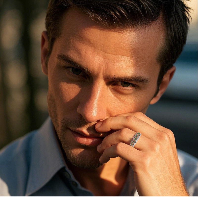 Alliance pour homme en or blanc 10 carats et or jaune, taille ronde, 0,5 ct, sertie d'une émeraude de qualité supérieure.-2