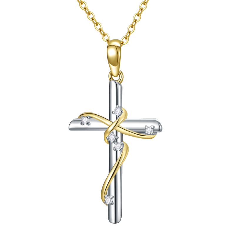 10K White Gold & Yellow Gold Circular Shaped Diamond Cross Pendant Necklace