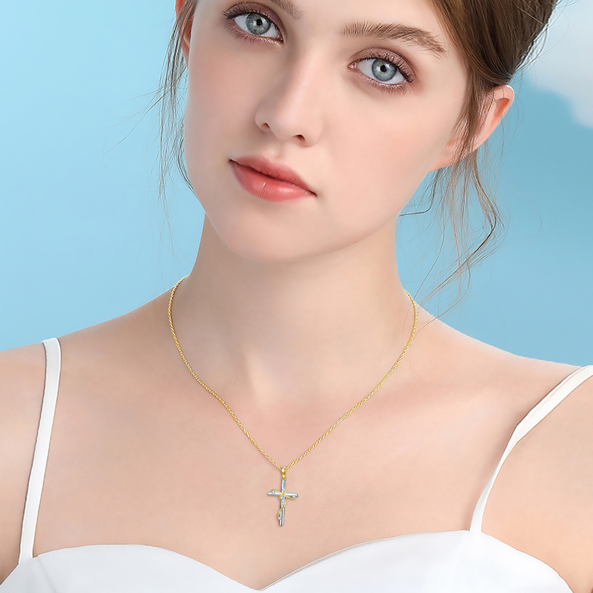 10K Gold Two-Tone Circular Diamond Cross Pendant Necklace For Women-2