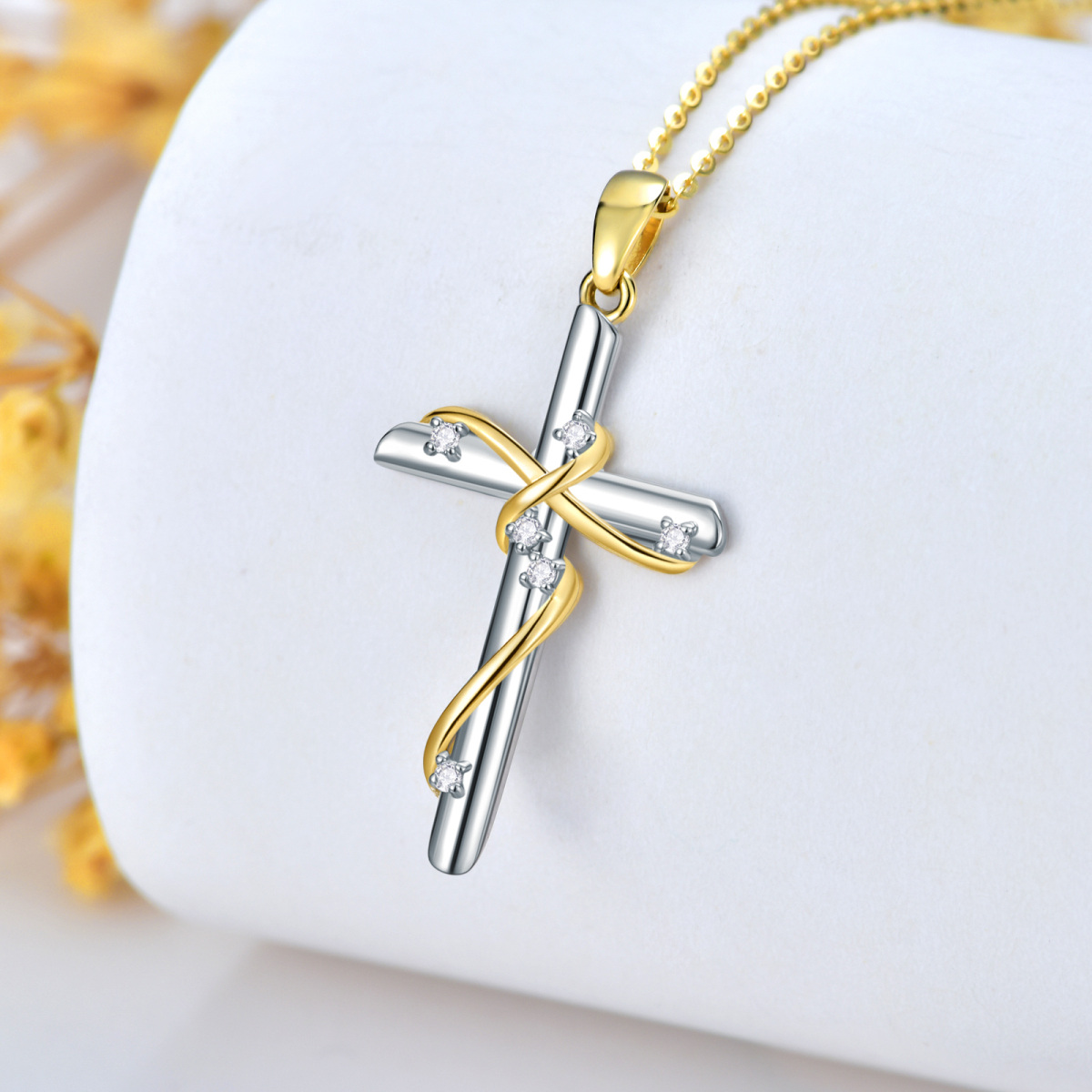 10K Gold Two-Tone Circular Diamond Cross Pendant Necklace For Women-5