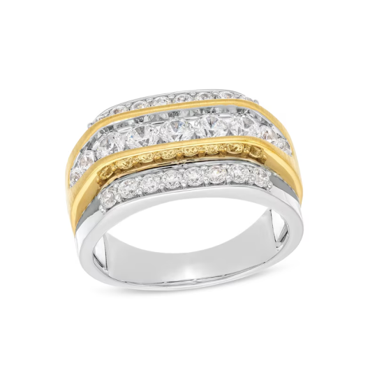 Bague de mariage personnalisée en or blanc 10 carats et or jaune avec diamants créés en laboratoire à trois rangées pour hommes