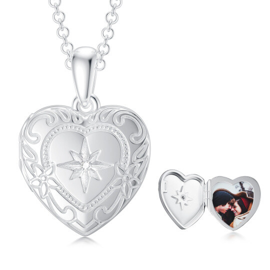 Collier en or blanc 10K avec pendentif photo et coeur en zircon personnalisé