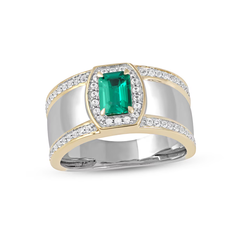 10K White & Yellow Gold Emerald Cut Emerald and White Diamond Triple Row Band for Men-1