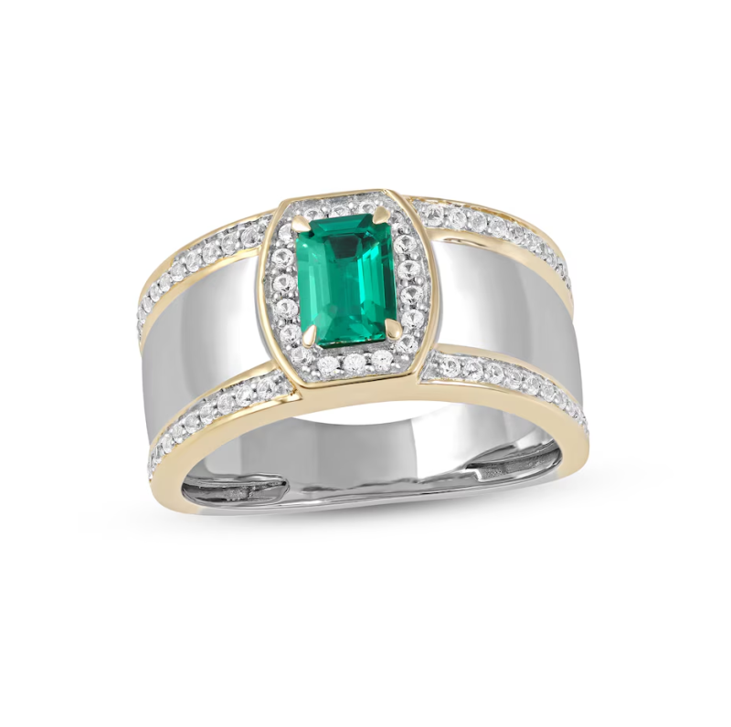 10K White & Yellow Gold Emerald Cut Emerald and White Diamond Triple Row Band for Men-15
