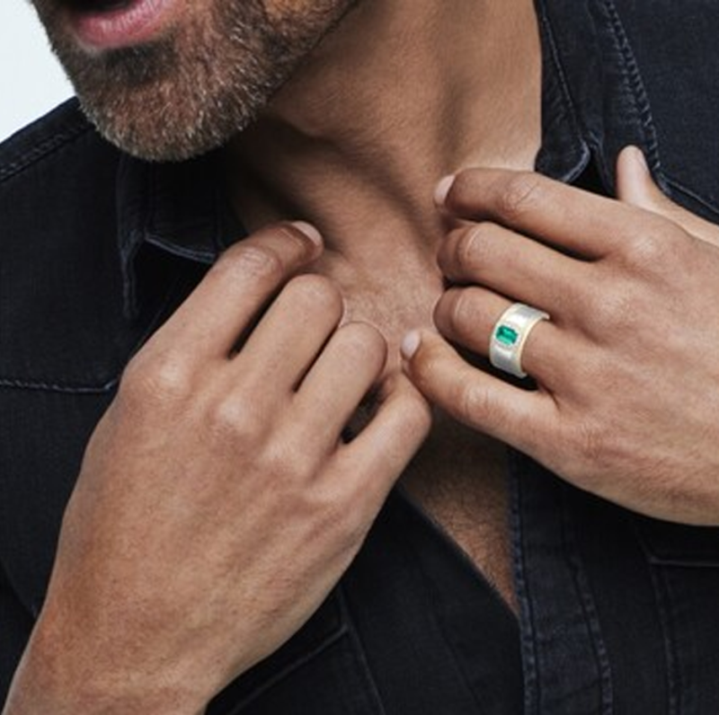 10K White & Yellow Gold Emerald Cut Emerald and White Diamond Triple Row Band for Men-2