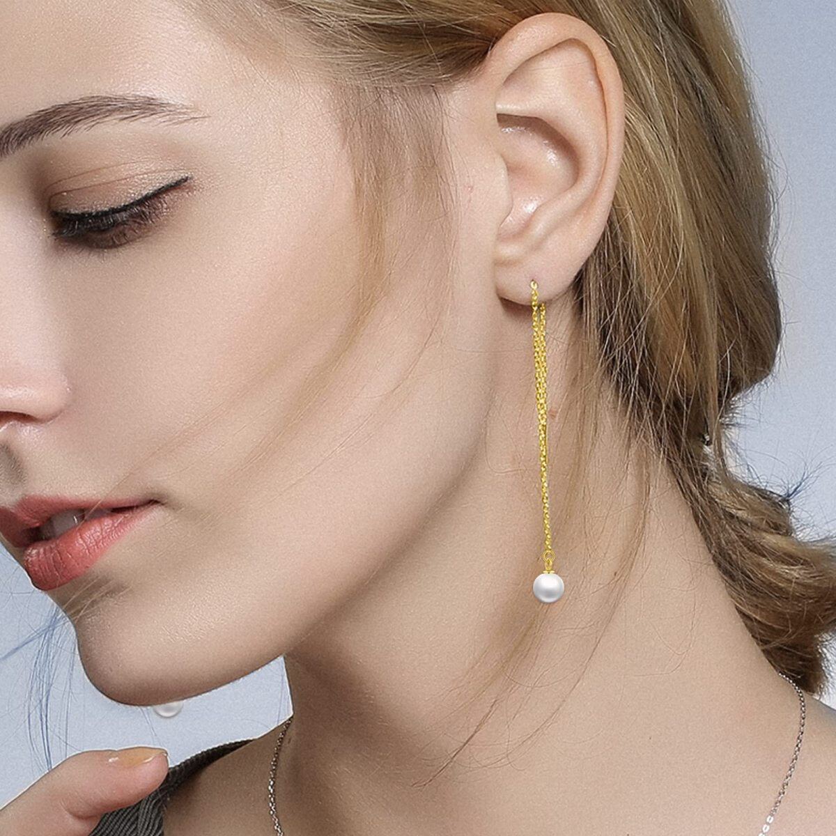 Boucles d'oreilles pendantes en or jaune 10 carats avec perles circulaires-2