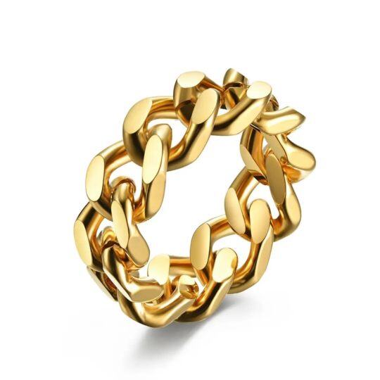 Anillo llamativo de hip hop con cadena curvada de oro amarillo de 10 quilates