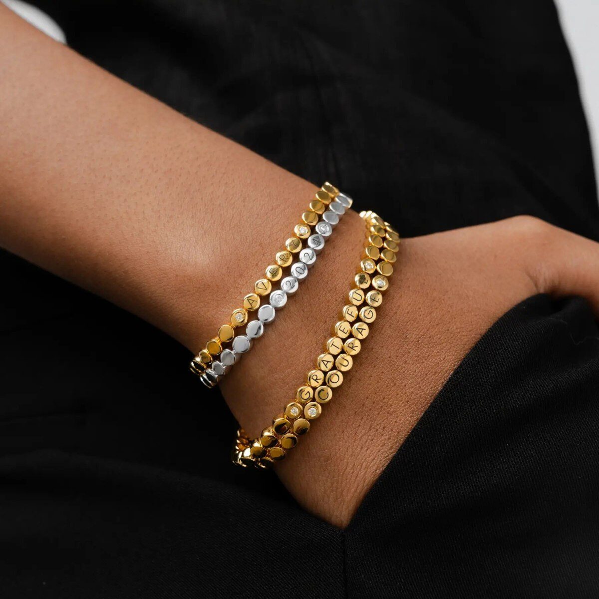 14K Yellow Gold Engraved Dot Diamond Beads Bracelet-3