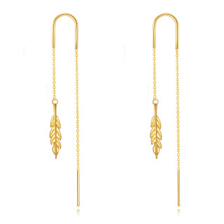 10K Yellow Gold Feather Pull Through Threader Drop Earrings-15