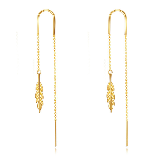 10K Yellow Gold Feather Pull Through Threader Drop Earrings-1