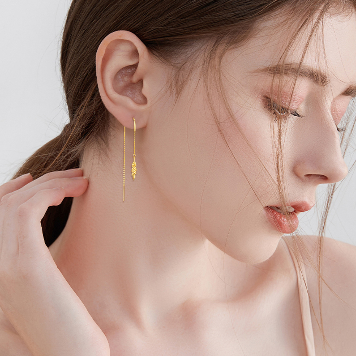 10K Yellow Gold Feather Pull Through Threader Drop Earrings-2