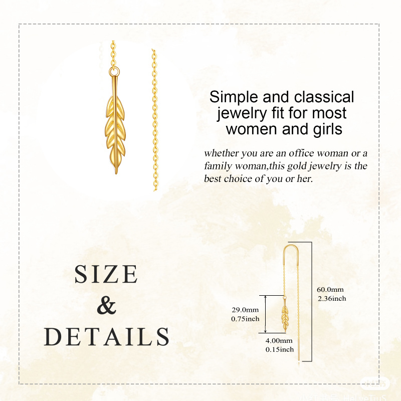 14K Yellow Gold Feather Pull Through Threader Drop Earrings-3